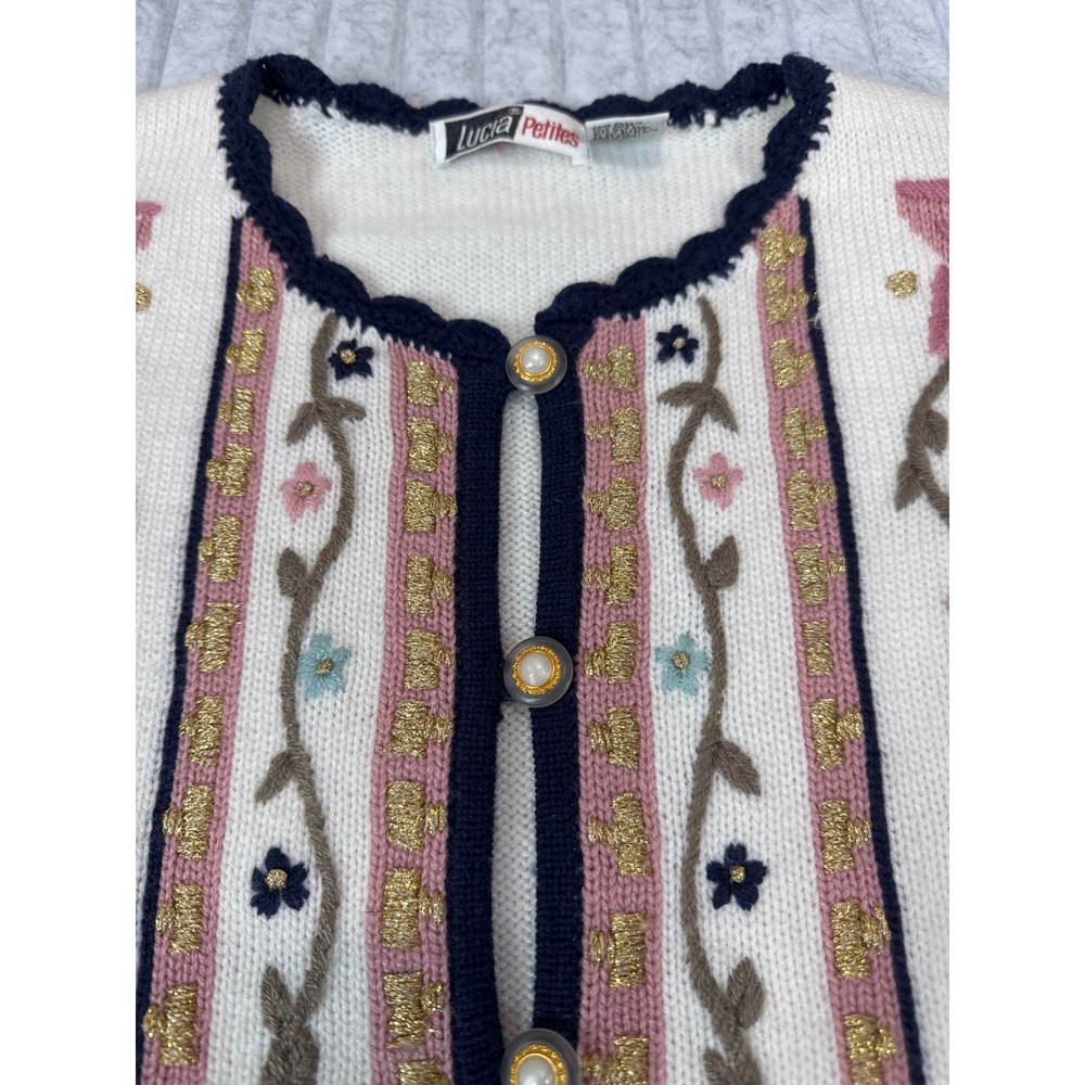 Lucia Petites Vintage Floral Embroidered Cardigan Cream Gold Pearl Button‎ M